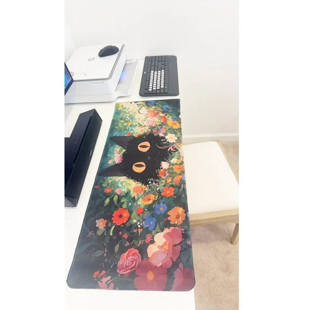 31x 11.5'' Black Cat in Floral Garden Extended Mouse Pad for Home Office